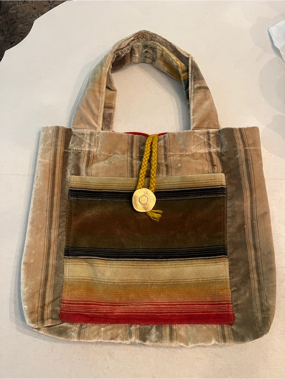 Vintage handmade tan & red Multicolor Striped Velour Tote Bag. So retro!